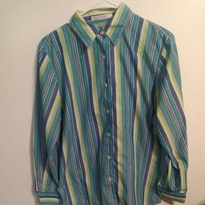 Foxcroft Woman's Size 8 Blouse Wrinkle Free Blue Green Multicolor Stripe